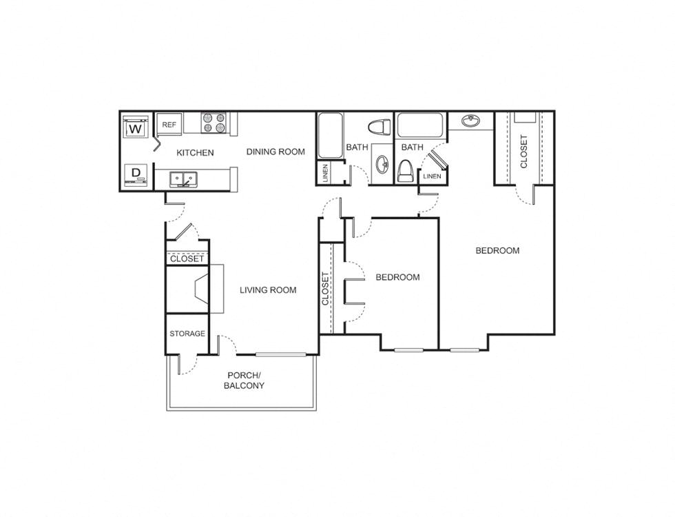 Floor plan for 2 beds, 2 baths, 1051 sqft
